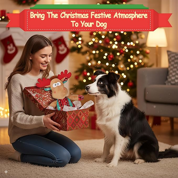 Rypet Christmas Reindeer Dog Toys Durable Plush Dog Toys with Crinkle Paper Interactive Dog Stuffed Squeaky Christmas Theme Toys for Puppy Small to Large Dogs Cleaning Teeth and Relieving Anxiety