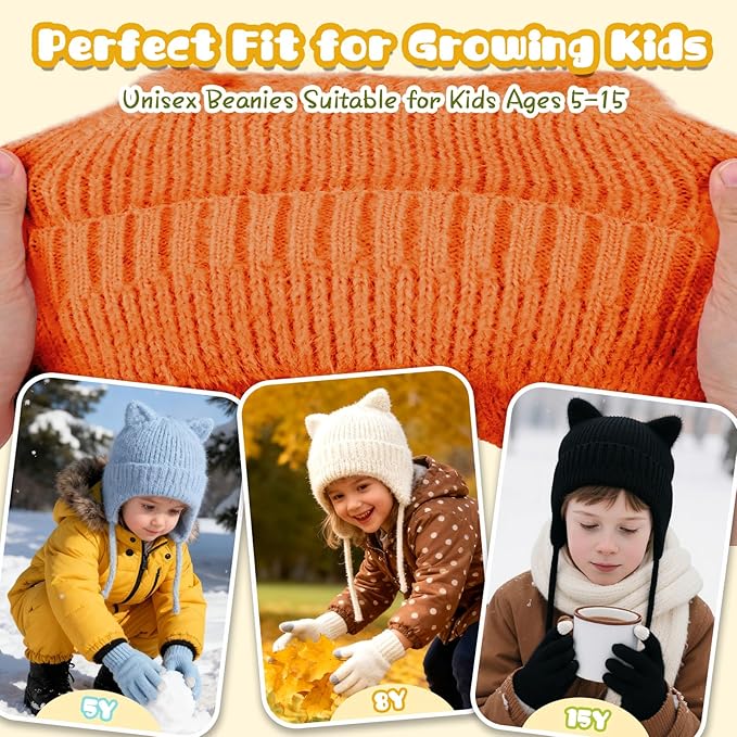 ZOORON Kids Winter Hat for Boys Girls, Cat Beanie Children Knit Skull Cap with Warm Ear Flap, Teen Beanie Hat Age 5-15 Years