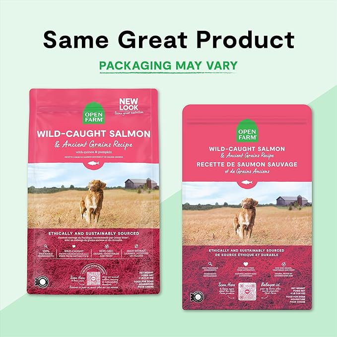 Open Farm, Ancient Grains Dry Dog Food, Protein-Rich & Nutrient Dense, 90% Animal Protein Mixed with Non-GMO Fruits, Veggies and Superfoods, Wild Caught Salmon Recipe, 22lb Bag