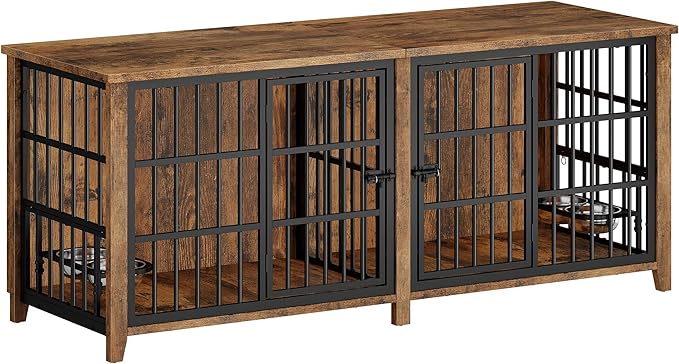 Lulive 78" Dog Crate Furniture for 1 Large or 2 Small/Medium, Extra Large Dog Kennel Indoor with Removable Divider & Adjustable Height Dog Bowls, Heavy Duty Wooden Double Dog Cage as TV Stand, Brown