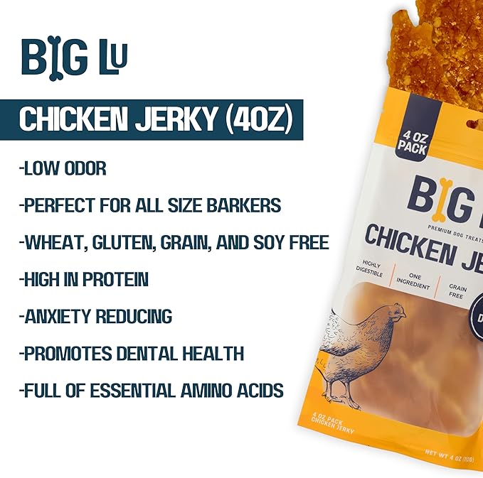 Big Lu Chicken Jerky Dog Treats – Premium Natural Air-Dried USA Chicken Breast for Dogs, High Protein, Grain-Free, No Additives or Preservatives, 4oz
