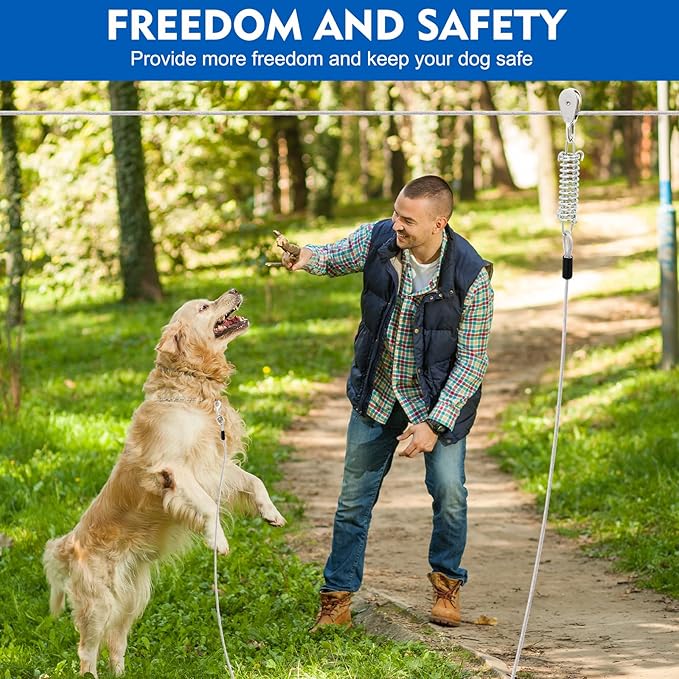 100FT Dog Runner for Yard with 10FT Tie Out Cable - Heavy Duty Trolley System for Large Dogs Up to 250LBS, Backyard/Park/Camping Use (Silver, 100FT+10FT)