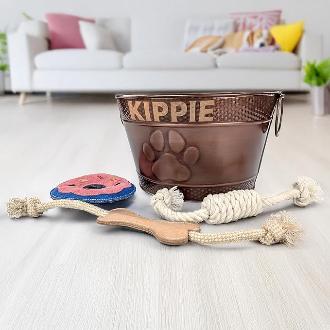 Personalized Metal Dog Toy Bin + 3 Toy Combo Set - Copper Galvanized Storage Bin with Handles, Basket for Pet Toys, Dog Toy Box, Pet Storage - Custom Dog Name Gift (Small - Copper)