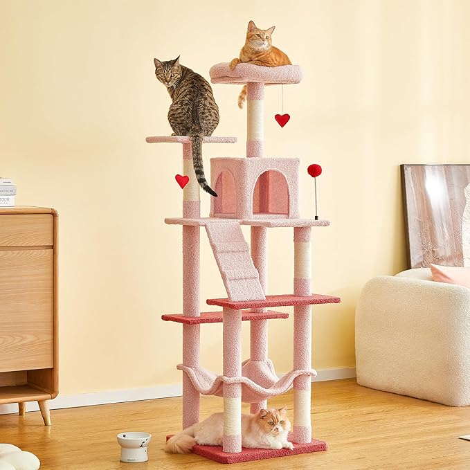 MWPO Cute Cat Tree, 63.8-Inch Pink Cat Tower for Indoor Cats, Multi-Level Cat Condo with 5 Scratching Posts, 2 Perches, Hammock, Dangling Toys