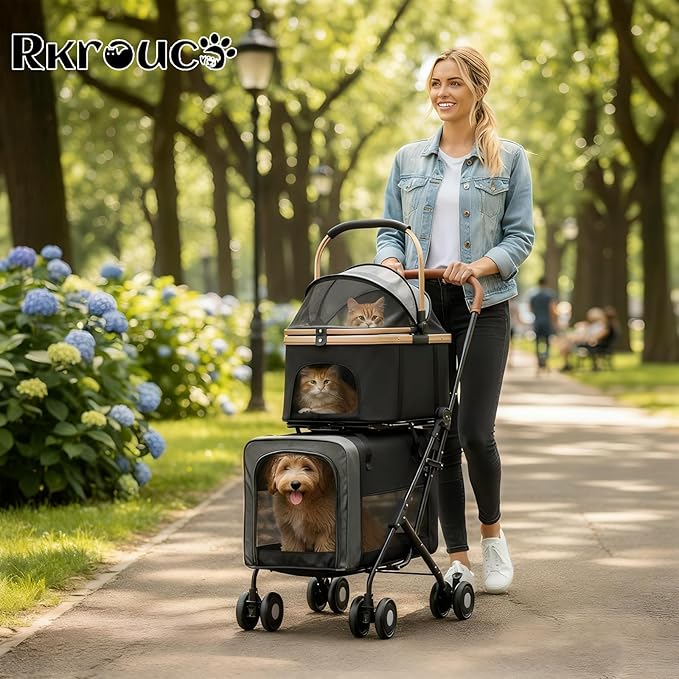 Foldable Double Pets Stroller for Dog Portable Cat Strollers for Small Medium Pet with Detachable Carriers Flexible Lockable Wheels Lightweight Dogs Jogger Strolling Cart Up to 77Lbs (Black)