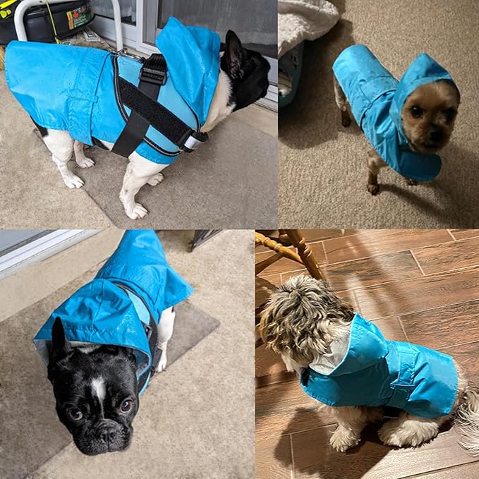 Dog Raincoat Dog Rain Jacket Poncho Waterproof Pet Rain Suit Double Layer Warm Lining Hooded Leash Hole Adjustable Puppy Small Medium Dogs,Blue,XXL