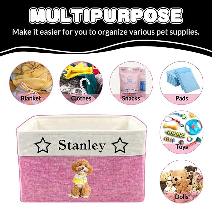 Personalized Dog Toy Storage Basket Custom Dog Name Photo Cat Pet's Gift Baskets Collapsible Organizer Box Foldable Storage Basket with Handle for Toys, Coats, Clothing, Blankets, Blue