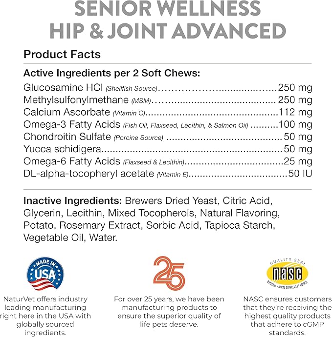 NaturVet – Senior Wellness Hip & Joint Advanced Plus Omegas | Help Support Your Pet’s Healthy Hip & Joint Function | Supports Joints, Cartilage & Connective Tissues | 120 Soft Chews