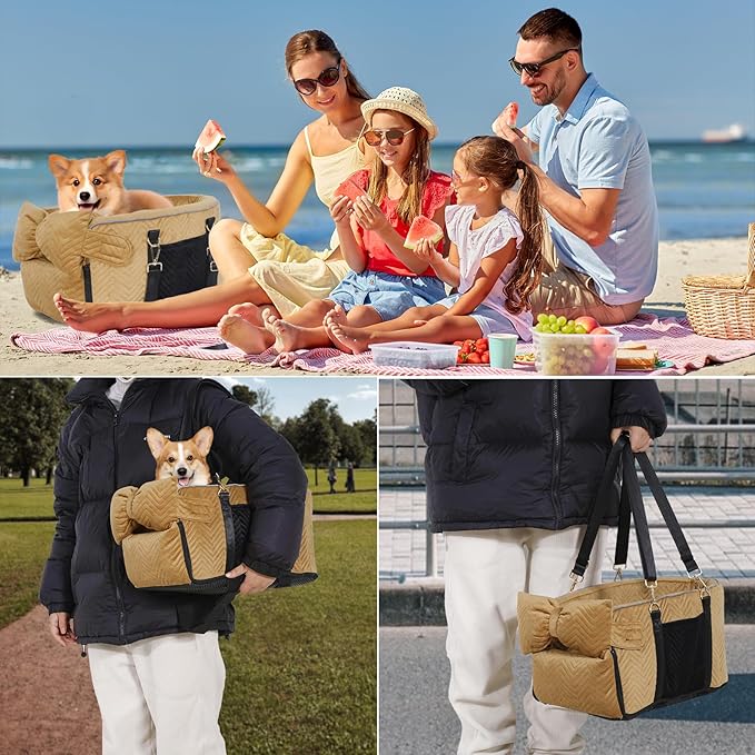 Dog Car Seat for Small Dogs, Portable Center Console Dog Car Seat, Pet Booster Seats with Safety Belt and Soft Cushion, Pet CarSeat for Dogs and Cats Under 15 lbs, Brown