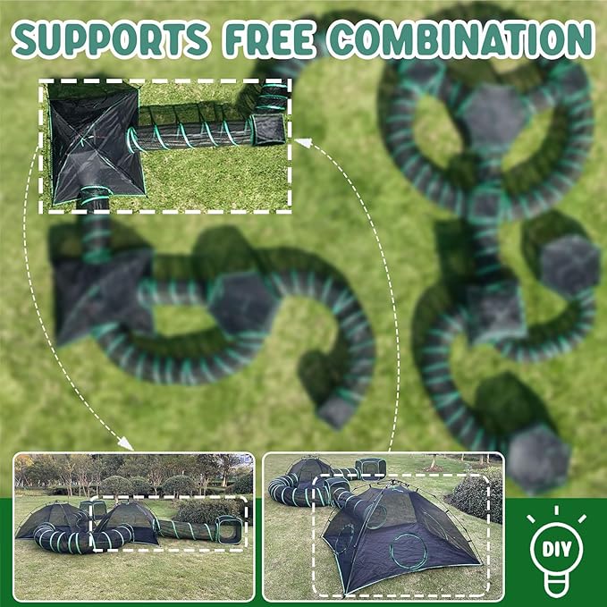 3-in-1 Outdoor Cat Enclosures, Portable Catio Green Cat Tents for Outside, Cat Tents with 1 Dome Tent,1 Straight Tunnel and 1 Cube, Outdoor Cat Playpen for Cats, Rabbits and Other Animals