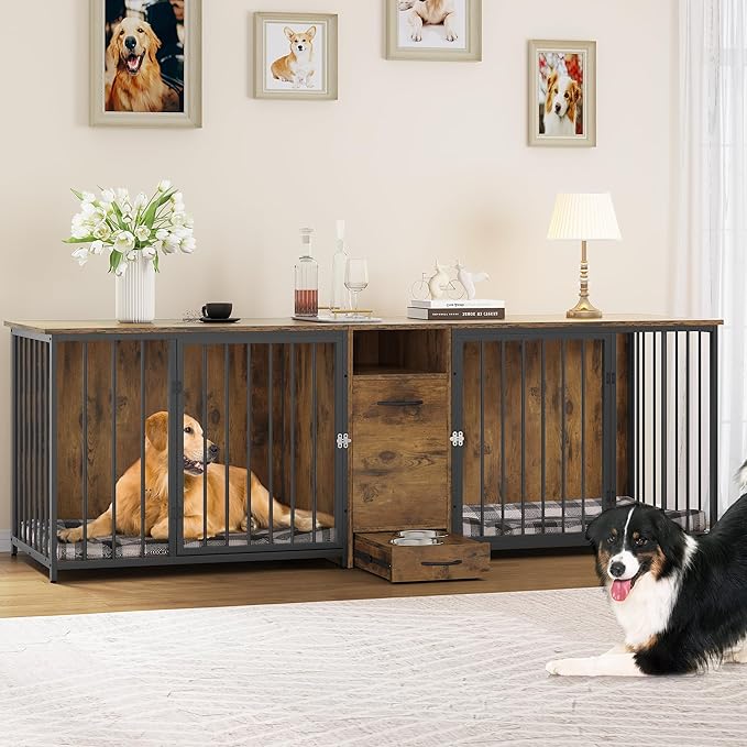 YITAHOME 94.5" Large Dog Crate Furniture with Feeder Bowls, Heavy Duty Dog Kennel with Room Divider and Drawer, Wooden Dog House TV Stand Table Indoor for 2 Large/Medium Dogs, Brown