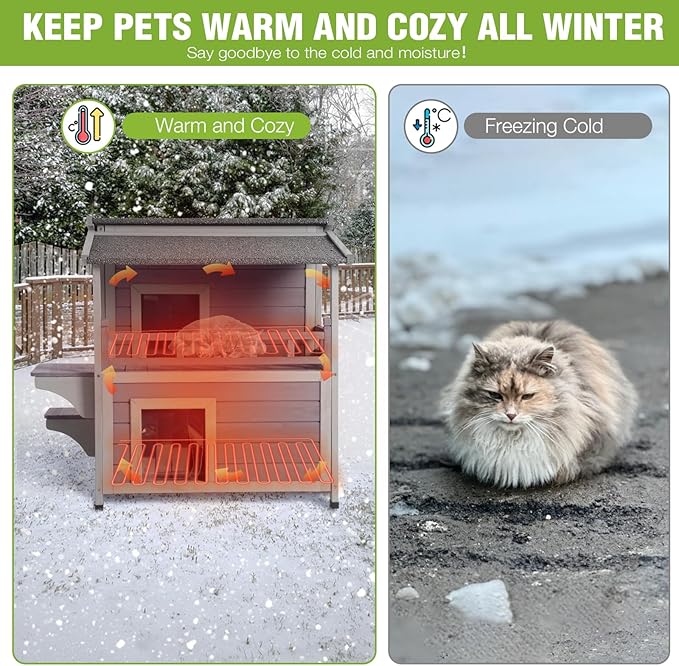 GUTINNEEN 2-Story Heated Cat House Outdoor Insulated Cat House Weatherproof Feral Cat Shelter with Safe Heating Pad, Insulated All-Round Thermal Liner for Feral Stray Barn Cats, 29"L x 27.6"D x33.5"H