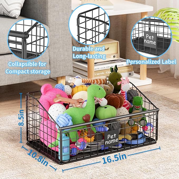 Indestructible Dog Toy basket, Medium Toy Box for Dogs,Pet Toy Bin Dog Metal Basket for Toys, Toy Storage Organizer, Toy Box for Living Room Area (Black)