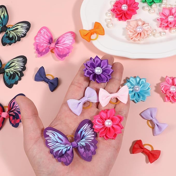 36 Pcs Small Dog Hair Bows with Rubber Bands Handmade Tiny Pet Grooming Accessories Butterfly Small Dog Knotted Bows Multicolor Pearls Flower Elastic Hair Ties Bands for Puppy Cats Pets