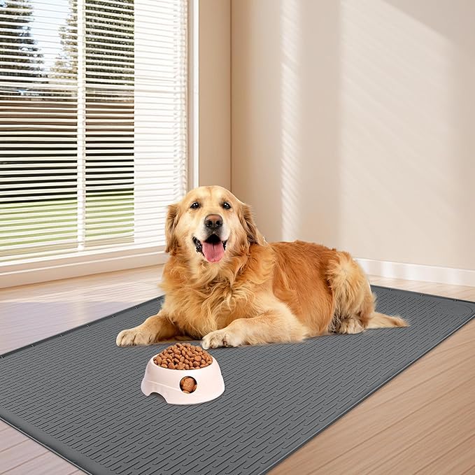 Dog Food Mat, Extra Large 40" x 28" Silicone Pet Feeding Mat with Raised Edge Pet Placemat for Small, Medium, and Large Pets Non-Slip, Easy to Clean (Dark Grey)