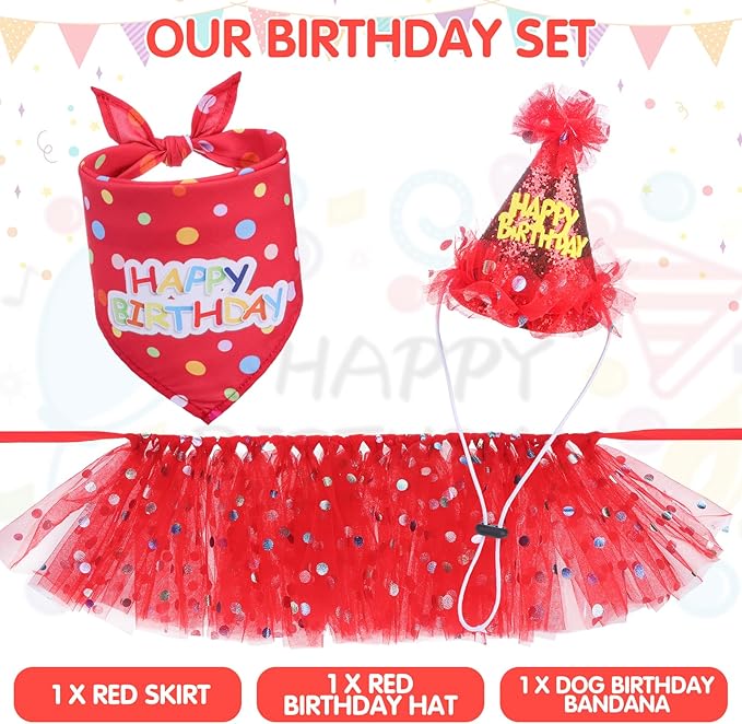 SCENEREAL Dog Birthday Bandana with Hat and Dress Girl Set, Puppy Birthday Party Supplies, Cute Tutu Skirt Red Outfit for Small Medium Large Dogs