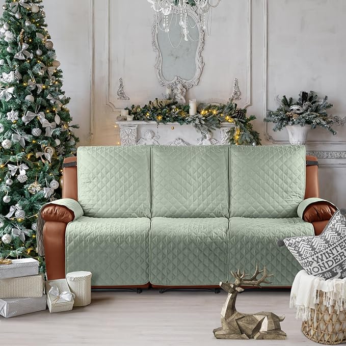 Ruaozz Waterproof Recliner Sofa Cover 1-Piece Couch Covers for Reclining Couches Reclining Sofa Cover Washable Furniture Protector with Elastic Straps Pocket for Kids, Pets (Sage Green, 3 Seater)
