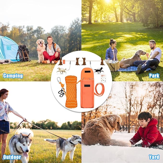 Upgraded Dog Tie Out Cable for Camping, 100FT Portable Trolley System for 2 Dogs, Knot-a-Hitch Dogs Hitching System up to 250lbs, Dog Runner for Yard Camping Training Running Hiking Outdoor
