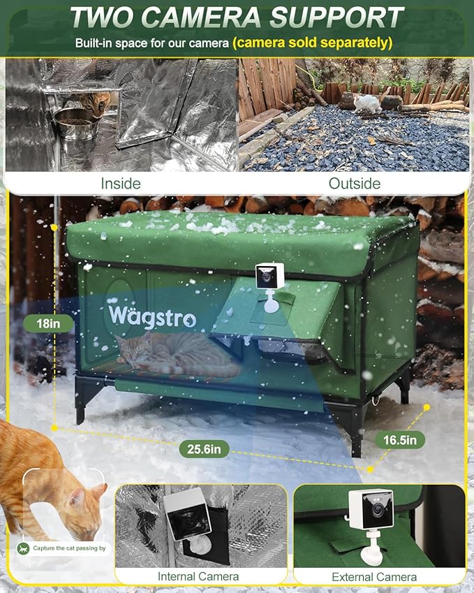 Heated Cat House for Outside, Insulated Weatherproof Heated Outdoor Cat House with Waterproof Eaves & Escape Door, Elevated Outdoor Cat Shelter for Feral Stray Cat (Green, 25.6"x17"x18")
