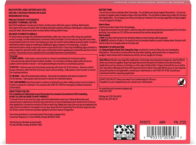 Amazon Basics Flea and Tick Topical Treatment for X-Large Dogs (89-132 Pounds), 6 Count, Packaging May Vary