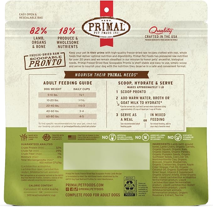 Primal Freeze Dried Dog Food, Pronto Mini Nuggets, Lamb; Scoop & Serve, Complete & Balanced Meal; Also Use as Topper or Treat; Premium, Healthy, Grain Free, High Protein Raw Dog Food (16 oz, 2-Pack)