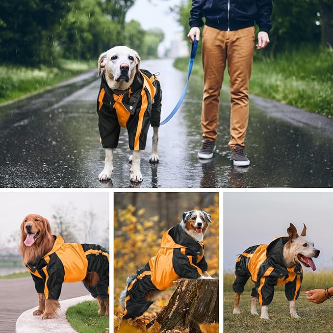 Dog Raincoat, Waterproof Rain Jacket, Adjustable 4-Legs Pet Poncho with Hood, Snow-Proof Dog Vest Rainwear, Lightweight Rain Clothes Apparel with Leash Hole