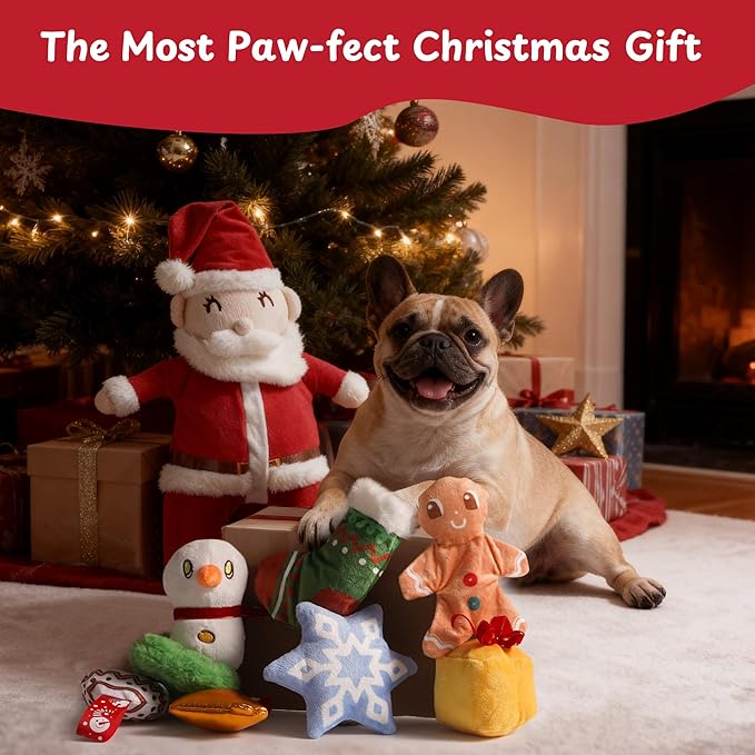 Nocciola Hide and Seek Christmas Santa Dog Toys: 9 Packs Vacation Gifts Funny Plush Stuffed Squeaky Crinkle Durable Chew Toys for Small Medium Large Breed