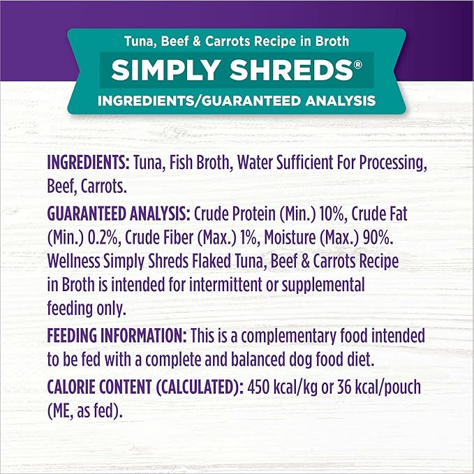 Wellness Bowl Boosters Simply Shreds Wet Dog Food Topper for Small, Medium, & Large Breeds, Grain Free, Natural, Tuna, Beef & Carrots, 2.8 Ounce Pouch (Pack of 12)