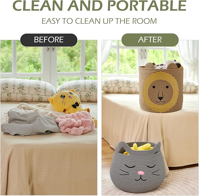 OMERAI Animal Baskets Cotton Rope Storage Basket Woven Toy Basket Large Basket for Blankets Cute Cat Toy Box with Handles Foldable Animal Laundry Basket Nursery Organizer, 15"D x 12.6"H