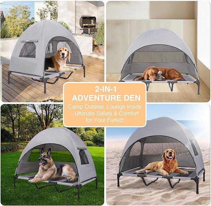 Elevated Outdoor Dog Bed with Canopy – Cooling Camping Tent, Removable Shade, Off-Ground Cot, Large