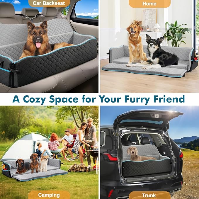 Large Dog Car Seat, Dog Car Bed for Large Dogs Under 120lbs, Pet Booster Seat with Thick Cushion and 2 Safety Leashes, Detachable & Washable Pet Bed for Backseat, Black & Gray