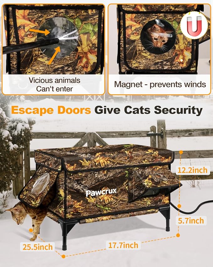 Weatherproof Heated Cat House for Outdoor in Winter, Heated Cat Bed Kitty Shelter with Cat Heating Pad, Insulated & Safe Escape Door, Warm House for Outside Stray Cat(Leaf Color, 17"x25"x17")