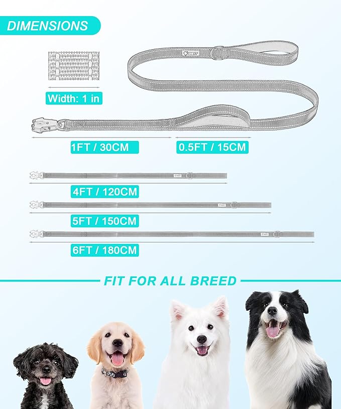 GEIT 4/5/6FT Heavy Duty Dog Leash with 2 Comfortable Padded Handles, Reflective Rope Leashes with Quick Release/Locking Tactical Frog Clip for Small Medium and Large Dogs, Grey