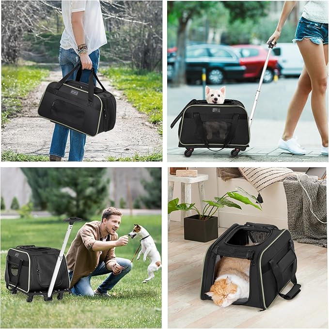 Petsfit Cat Carrier with Wheels Airline Approved, Pet Dog Carrier with Wheels for Small Dogs, Rolling Cat Carrier for Cats Puppy Stroller Detachable and Foldable Pet Travel Bag, Black&Green