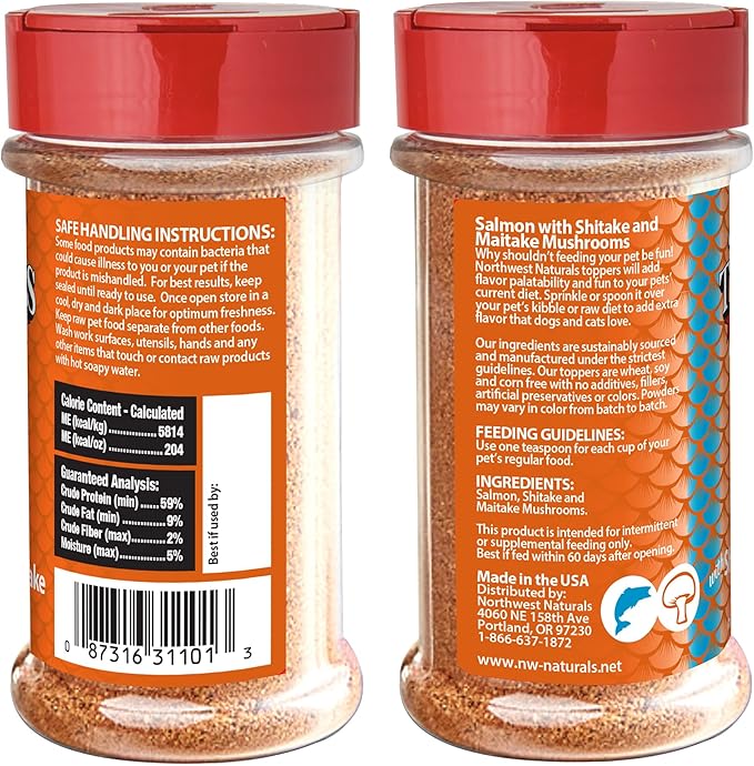 Northwest Naturals Freeze-Dried Salmon, Shiitake & Maitake Mushrooms Functional Topper - for Dogs & Cats - Healthy, Limited, Human Grade Ingredients, All Natural, Made in USA, 3.5 Oz (Pack of 1)