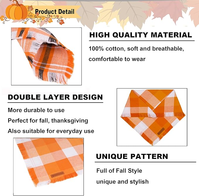 ADOGGYGO Fall Dog Bandanas, Halloween Thanksgiving Pet Bandana, Multiple Sizes Offered, Orange Plaid Fall Holiday Bandana for Medium Large Dogs Pets (Large)
