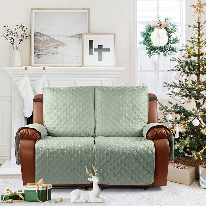 Ruaozz Waterproof Recliner Sofa Cover 1-Piece Couch Covers for Reclining Couches Reclining Sofa Cover Washable Furniture Protector with Elastic Straps Pocket for Kids, Pets (Sage Green, 2 Seater)
