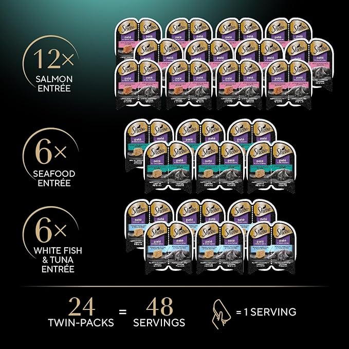 Sheba Perfect Portions Wet Cat Food Pate with Sustainable Salmon, Signature Seafood Entree, and Tender Whitefish and Tuna Entree Variety Pack, 2.6 oz. Twin Pack Trays (24 Count, 48 Servings)