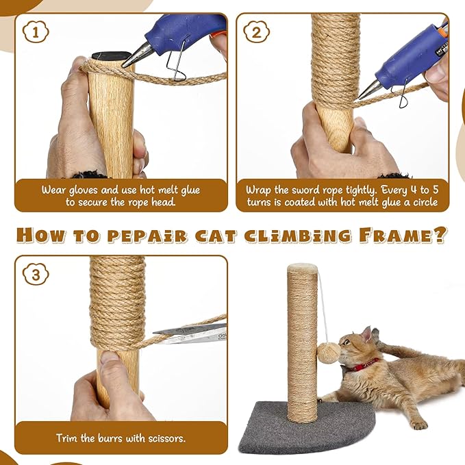 262 ft/80 m Sisal Rope for Cat Scratcher, 1/4 inch/ 6 mm Thick Twine for Cat Scratching Post Cat Tree Replacements DIY Craft Projects, Jute Hemp Rope with 4 Random Colors Cat Toys