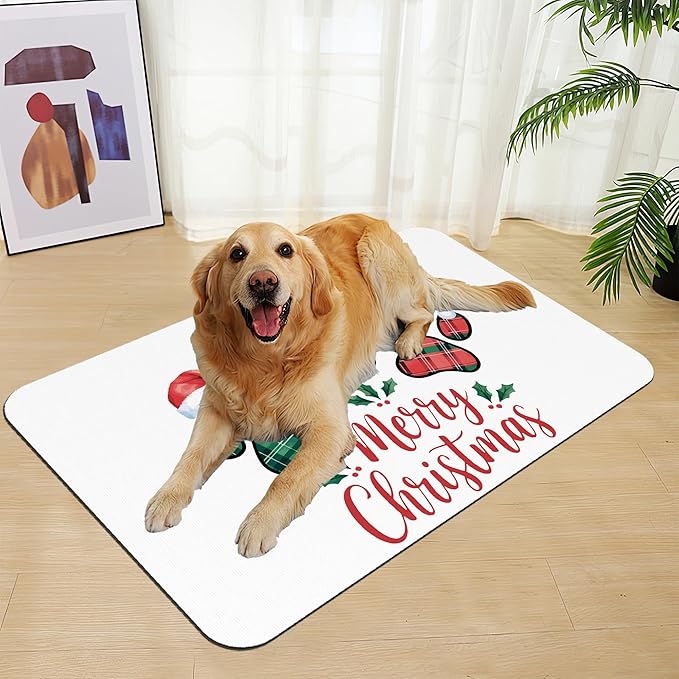Dog Christmas Dog Food Mat–Absorbent Quick Dry Feeding Placemat for Food and Water Bowls, Non Slip Rubber Backing, Waterproof Pet Supplies for Mess-Free Eating 12"x20"