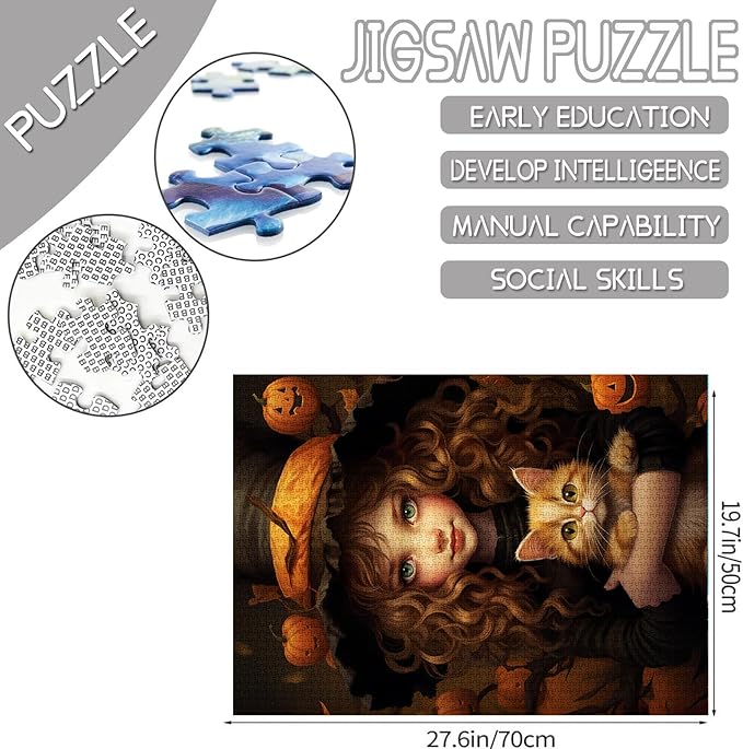 Halloween Pumpkin Girl Jigsaw Puzzle Curly Brown Hair Doll Holding Cat 1000 Piece Jigsaw Puzzles for Adults Home Decor Family Puzzle Perfect for Game Nights Ideal Gift 20 x 27 Inch