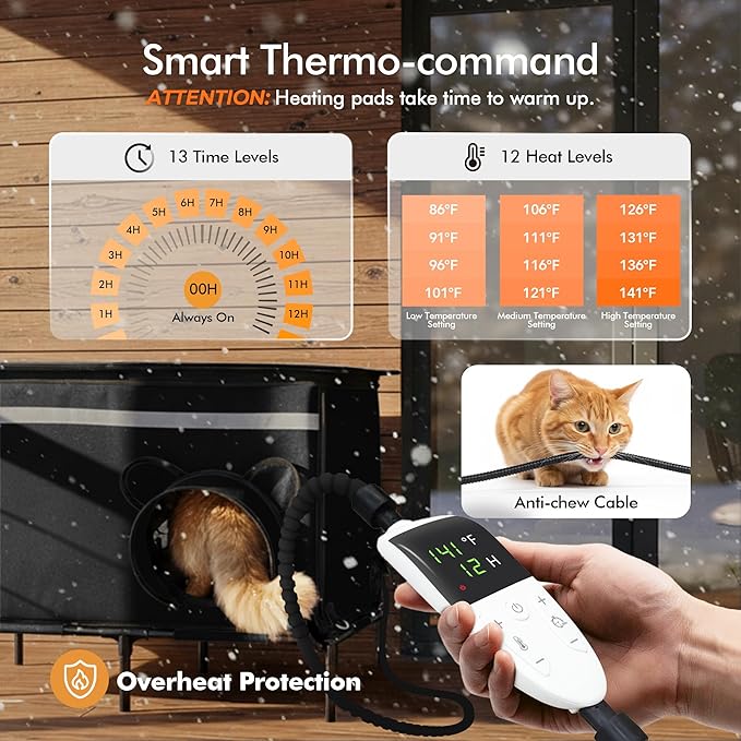 Heated Outdoor cat House for Outside, Weatherproof Insulated Feral Cat Shelter with Timer-Temp Control Heating Pad in Winter, Large Elevated Outdoor Cat House with Zipper, 2 Doors, Safety- Black