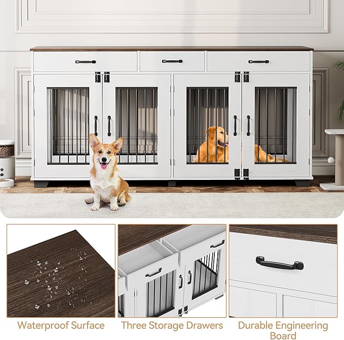 71'' Double Dog Crate Furniture, Large Dog Kennel Indoor with 3 Storage Drawers and Removable Divider for 2 Dogs, Heavy Duty Decorative Dog House TV Stand Side Table for Medium Large Dogs, White