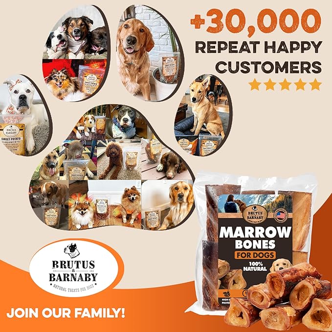 BRUTUS & BARNABY Marrow Bones for Dogs – 100% USA-Sourced Beef Bones – Long-Lasting, All-Natural Dog Chews – High Protein, Supports Dental Health, (12-pk) – Made in The USA
