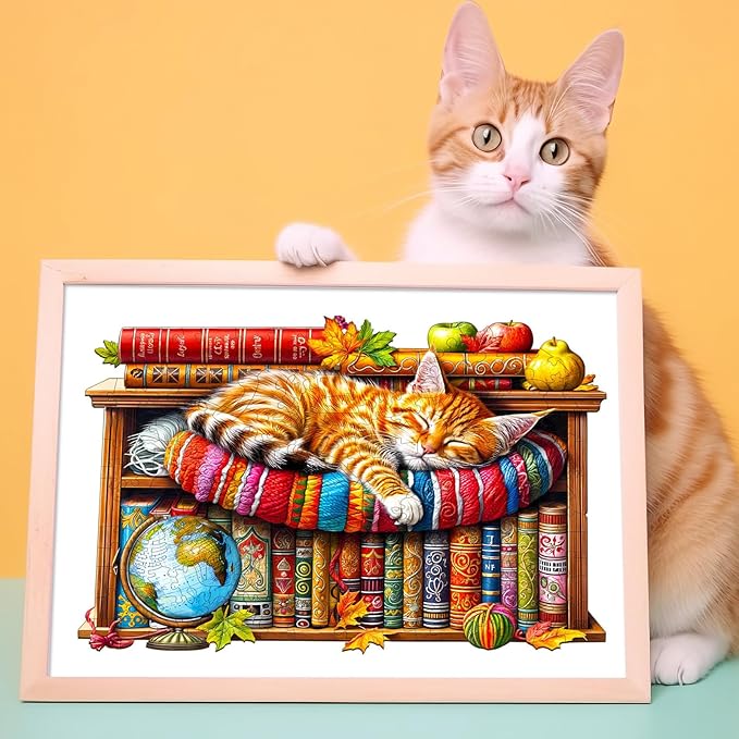 Wooden Puzzles for Adults - Dreamy Tabby Cat Wooden Jigsaw Puzzle, Unique Animal Shaped Wood Puzzles Adult, Christmas Birthday Gifts for Friends/Family, Home Decor 8.5 * 6 in 100pcs