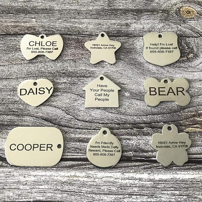 Stainless Steel Pet ID Tags - Engraved Personalized Dog Tags, Cat Tags Front & Back up to 8 Lines of Text – Bone, Round, Heart, Flower, Badge, House, Star, Rectangle, Bow Tie