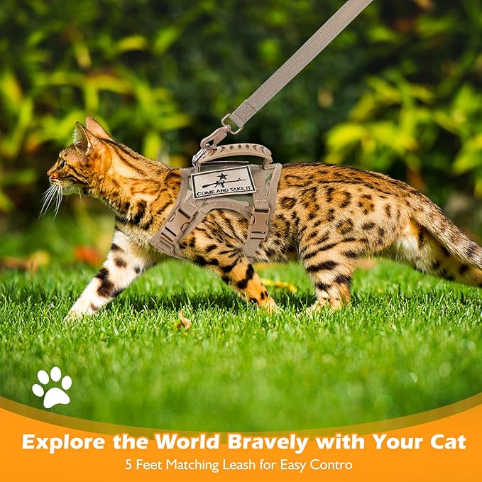 Tactical Cat Harness and Leash Set for Walking Escape Proof, Adjustable Large Cat Vest Harness with Molle Patches, Soft Mesh Padding, Rubber Handle Easy to Control (Large, Beige)