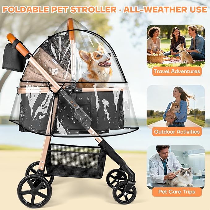 Dog Cat Stroller for Small/Medium Pets up to 50 lbs, 3-in-1 Foldable Pet Stroller with Detachable Carrier, Car Seat, Storage Basket, Cup Holder, Hanging Bag, Rain Cover, All-Terrain 4 Wheels (Khaki)