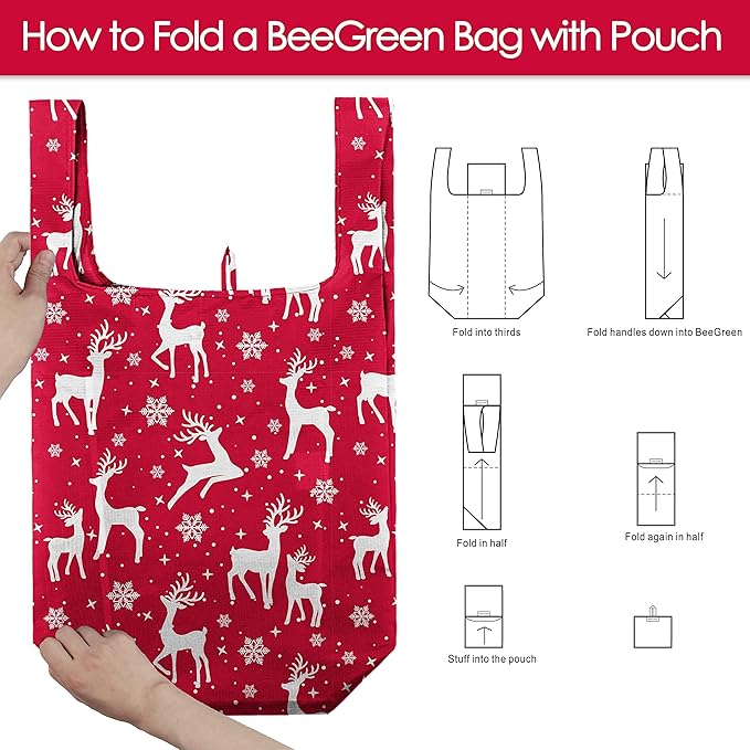 BeeGreen Christmas Reusable Grocery Bags with Zipper Storage Pouch 10 Packs Deer Reusable Shopping Bags Bulk with Elastic Band Foldable-Machine Washable Christmas Gifts Tote Bags