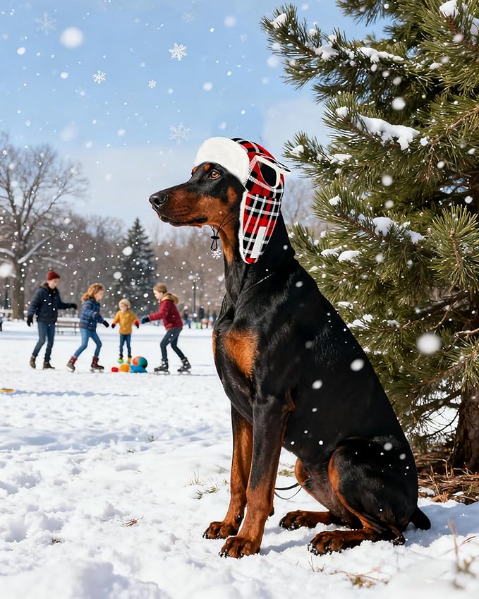 PET SHOW Dog Trapper Hat Winter Hat for Medium Large Dogs Christmas Warm Fleece Aviator Hats with Ear Flaps Adjustable Outdoor Boy Pet Pilot Costume Cap L-Red Plaid/with Ear Holes
